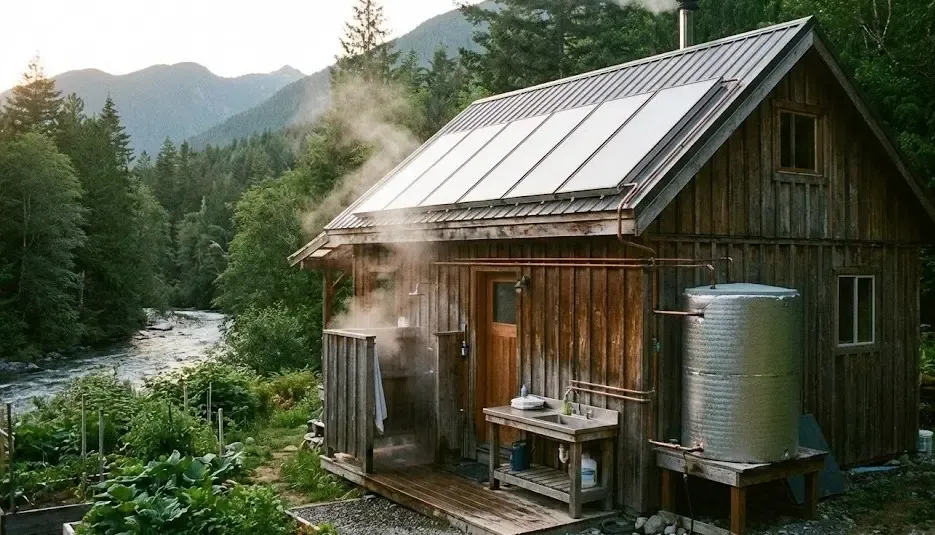 Sistema de agua caliente autosuficiente solar en una cabaña de madera en la naturaleza