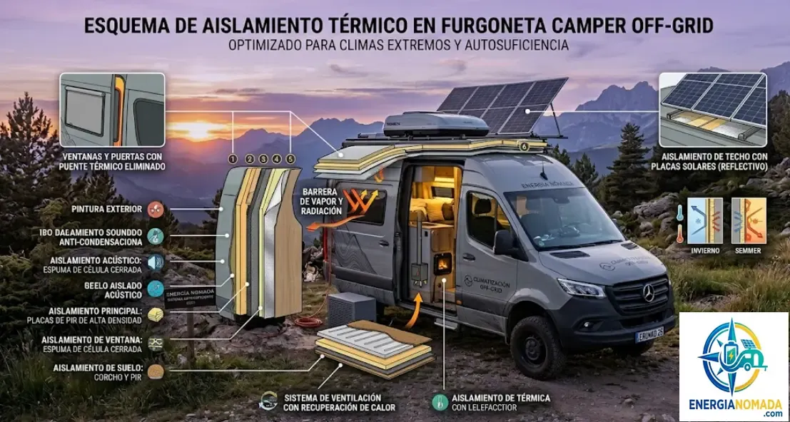 Esquema de aislamiento térmico en furgoneta camper off-grid