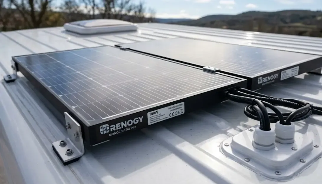 Primer plano de dos paneles solares monocristalinos Renogy instalados en el techo de una furgoneta camper, conectados a un pasamuros estanco blanco.