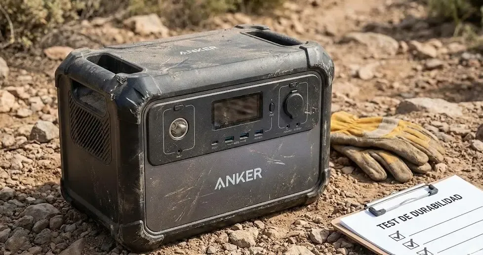 Anker 521 PowerHouse mostrando su luz cálida LED en un entorno de taller oscuro