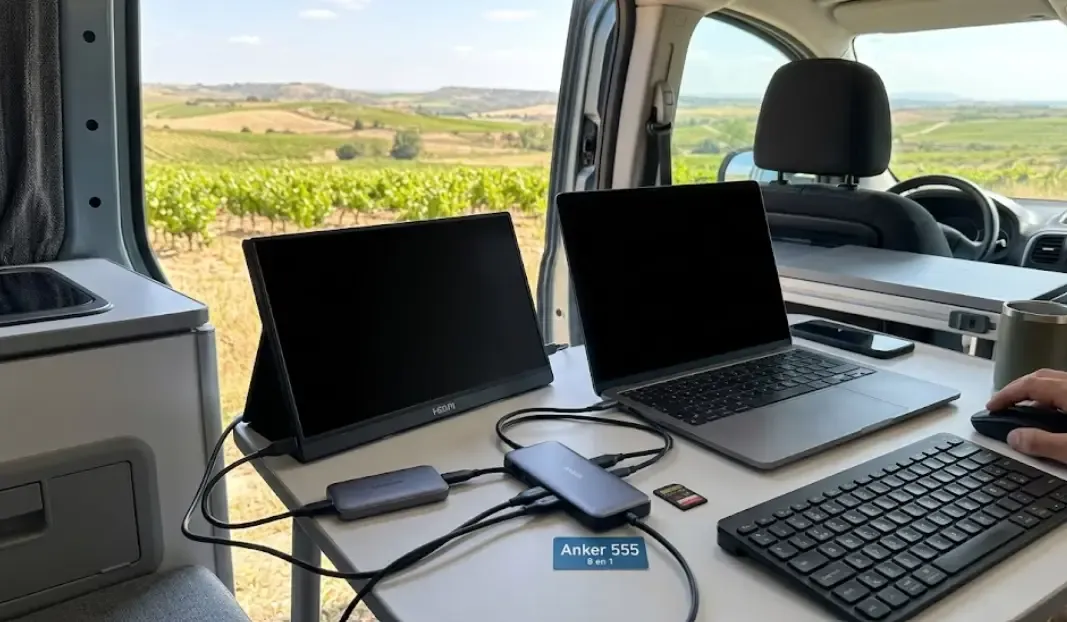 Anker 555 hub USB-C 8 en 1 para setup de trabajo en furgoneta