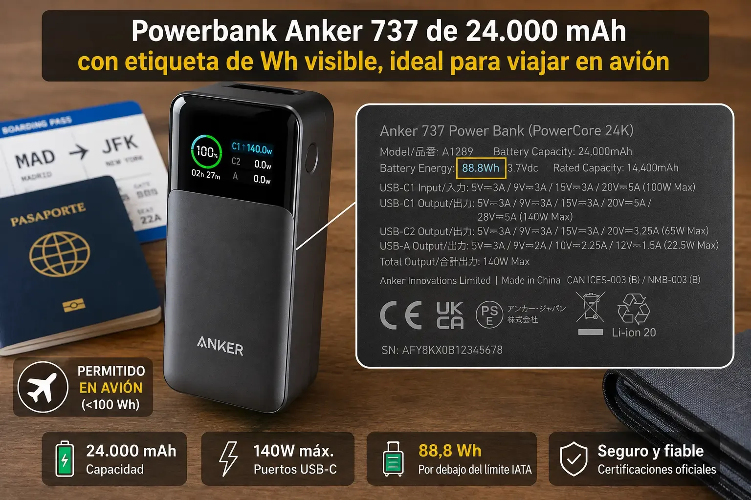 Powerbank Anker 737 de 24.000 mAh con etiqueta de Wh visible, ideal para viajar en avión