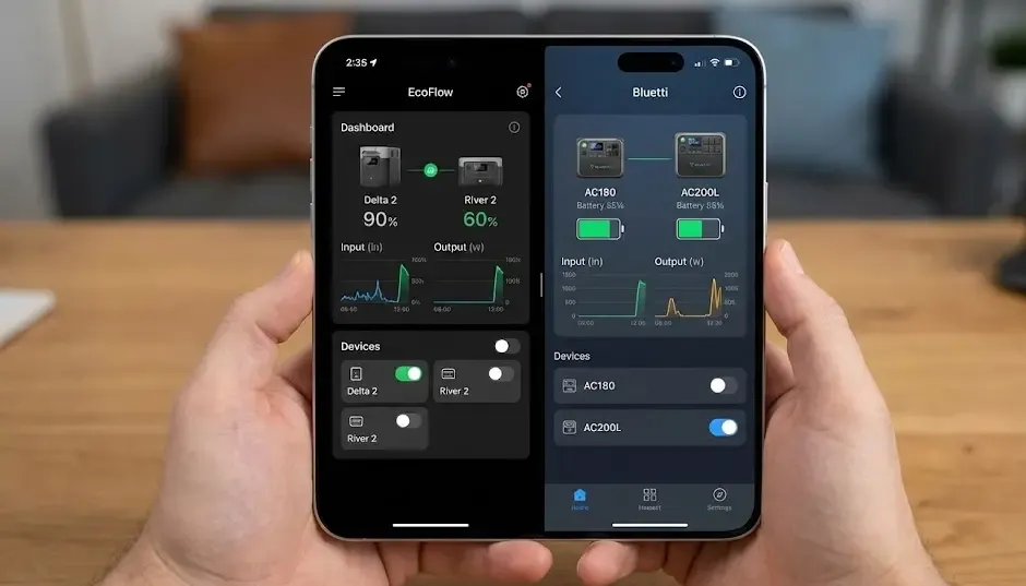 Captura comparativa interfaz app EcoFlow vs Bluetti en iOS