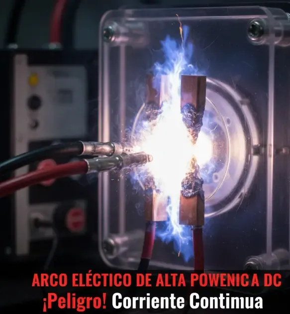 Gráfico que muestra un arco eléctrico de plasma ardiente formándose entre dos contactos metálicos al intentar interrumpir un circuito de corriente continua de alta potencia