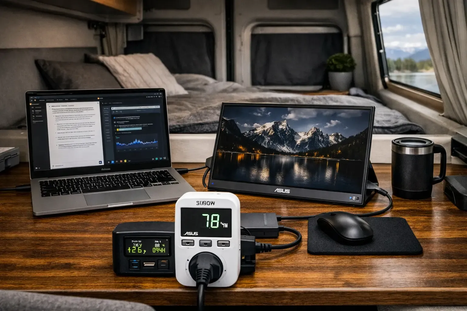 Setup de teletrabajo en camper con Asus ZenScreen conectado por USB-C a portátil