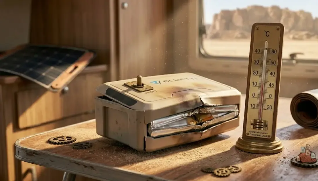 Primer plano de una batería de litio hinchada y deformada junto a un termómetro que marca 45°C, sobre la mesa de una camper