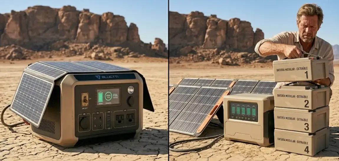 Fotografía dividida: a la izquierda, una estación de energía integrada (todo en uno); a la derecha, un sistema modular con baterías extraíbles apilables