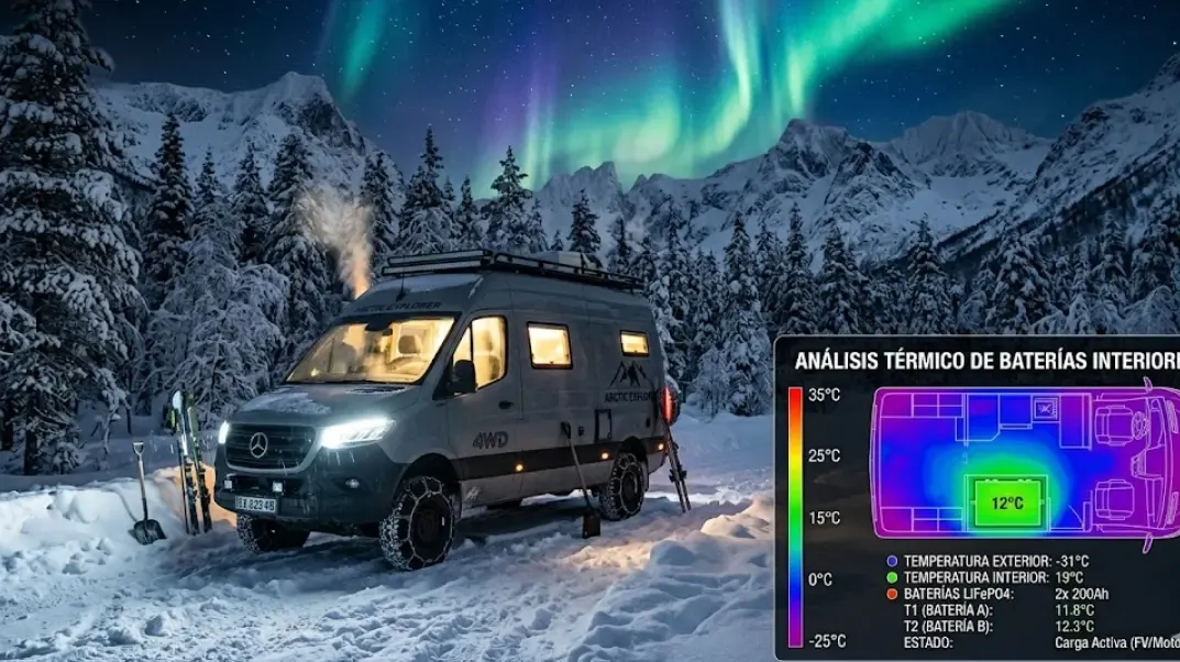Furgoneta camper en un paisaje nevado extremo con un gráfico térmico mostrando la temperatura de las baterías interiores