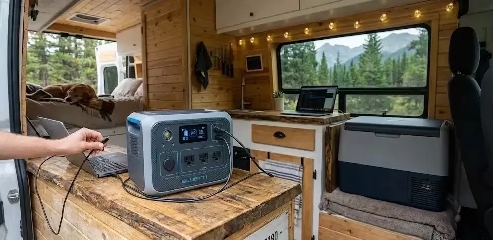 Estación de energía Bluetti AC180 en una furgoneta camper alimentando dispositivos