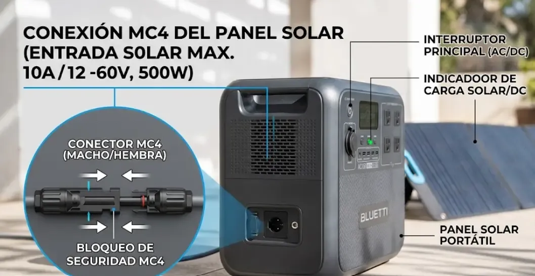 Conexión MC4 de panel solar al puerto de entrada solar del Bluetti AC180