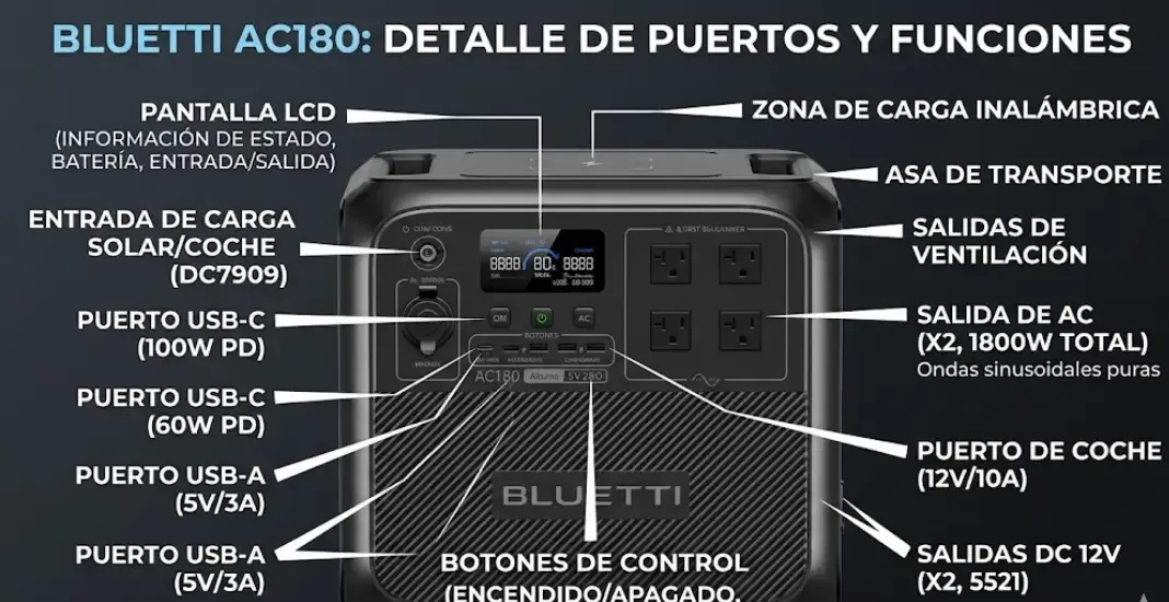 Bluetti AC180 vista frontal con todos los puertos etiquetados