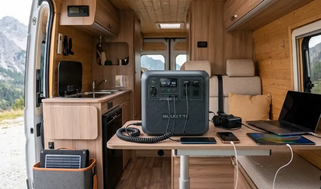 Bluetti AC180 en uso dentro de una furgoneta camper con dispositivos conectados