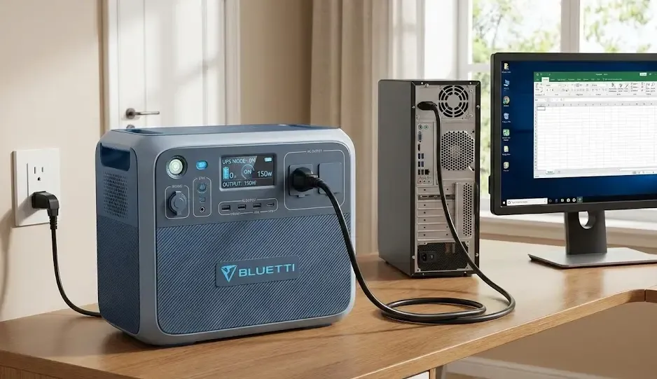 Estación de energía Bluetti conectada a un ordenador funcionando como SAI UPS