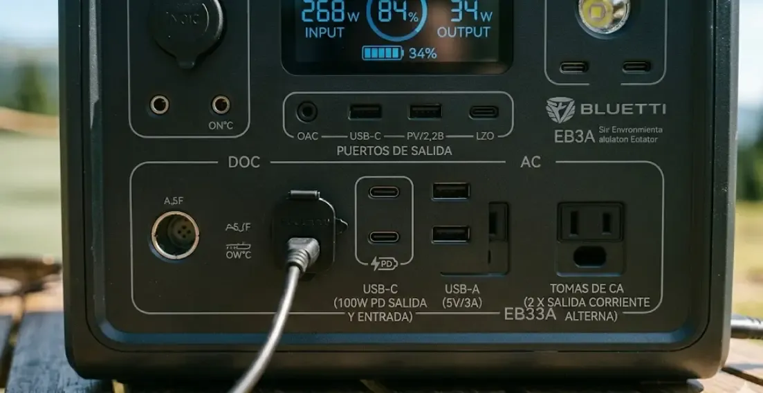 Detalle de todos los puertos de carga del Bluetti EB3A: USB-C de 100W, USB-A y dos tomas de corriente alterna