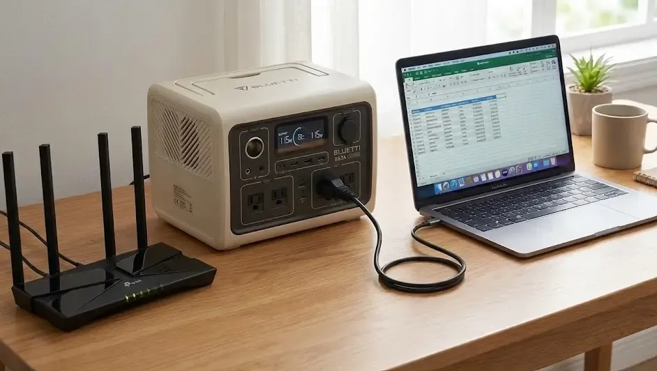 Bluetti EB3A alimentando un router wifi y un portátil en un escritorio
