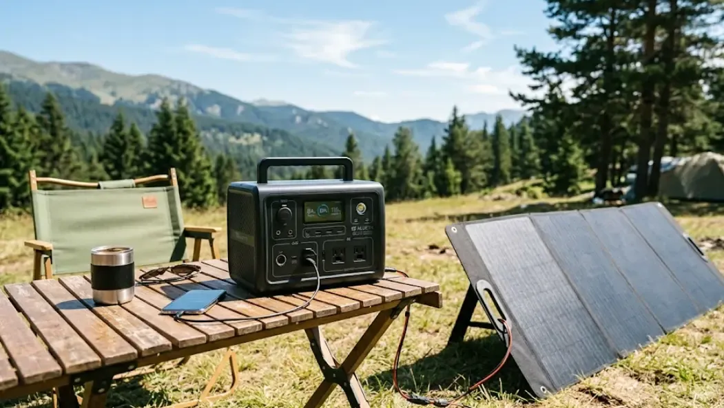 Estación de energía Bluetti EB3A sobre mesa de camping con panel solar conectado y desplegado en un día soleado de julio