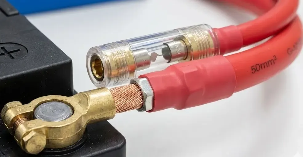 Primer plano (macro) de un cable de batería grueso de color rojo (50mm2). Se muestra un portafusibles ANL transparente instalado correctamente muy cerca del borne, protegiendo la instalación. Se aprecia un terminal tubular con un crimpado hexagonal limpio y seguro.Primer plano (macro) de un cable de batería grueso de color rojo (50mm2). Se muestra un portafusibles ANL transparente instalado correctamente muy cerca del borne, protegiendo la instalación. Se aprecia un terminal tubular con un crimpado hexagonal limpio y seguro.