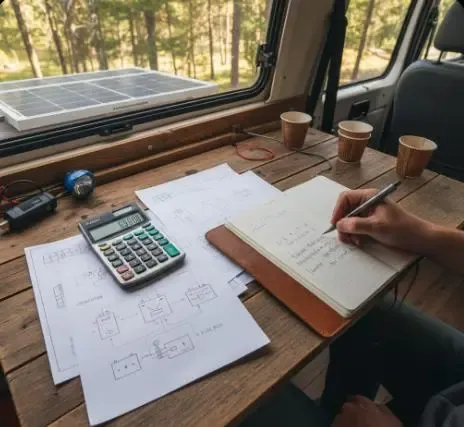 Calculadora y libreta sobre mesa camper planificando instalación eléctrica