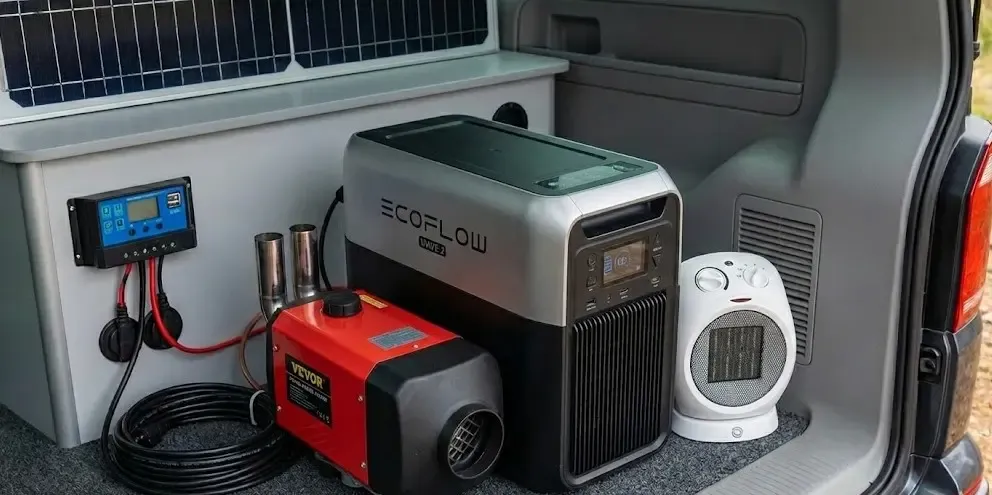 Calefacción estacionaria portátil tipo maletín funcionando junto a una furgoneta en la nieve