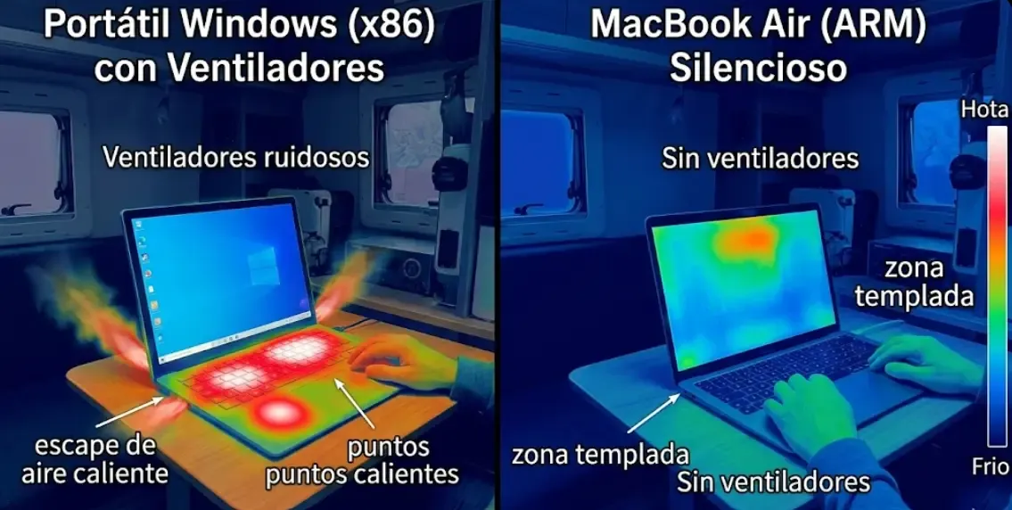 Imagen térmica comparando el calor residual de un portátil Windows con ventiladores frente a un MacBook Air ARM trabajando en silencio en una furgoneta pequeña.