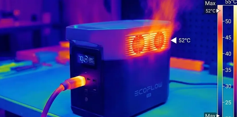Imagen térmica de EcoFlow durante carga X-Stream mostrando puntos de calor en rejillas de ventilación