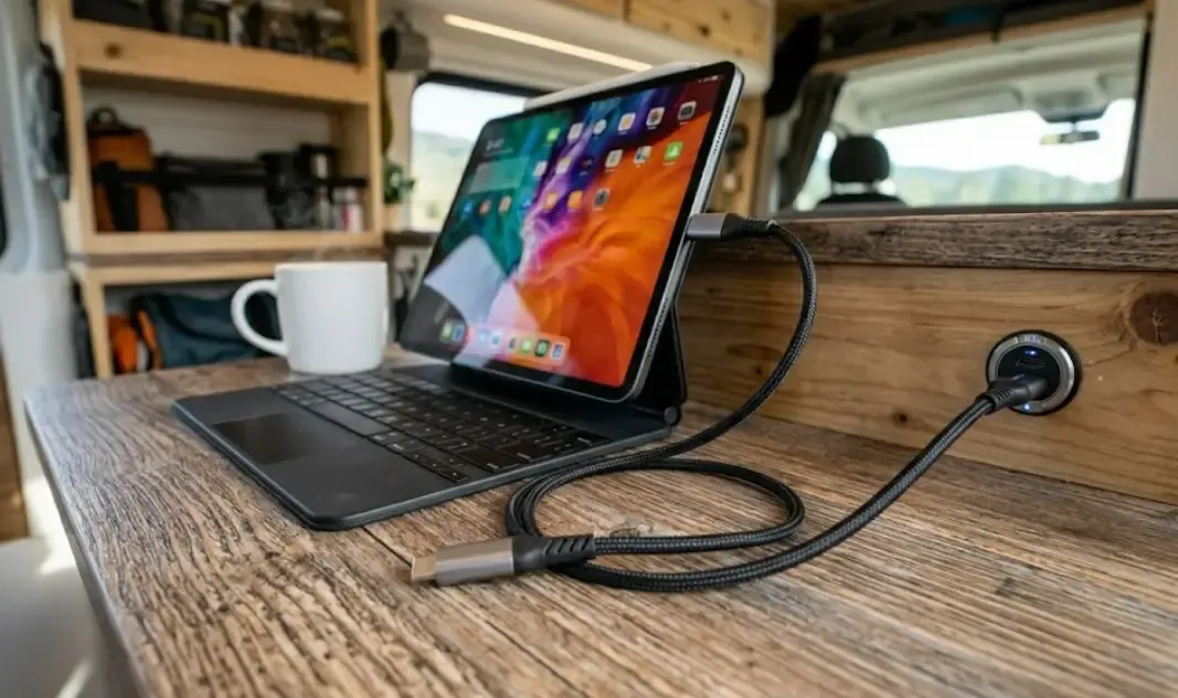 Primer plano de un cable USB-C de calidad saliendo de una toma empotrada de 12V en el panel de madera de la camper, conectándose directamente a un iPad Pro sin transformadores intermedios