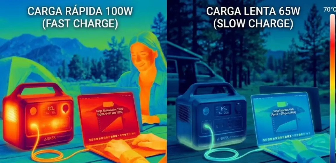 Fotografía térmica comparando estación de energía cargando portátil a 100W (rojo/naranja por calor) vs 65W (tonos azules/fríos)