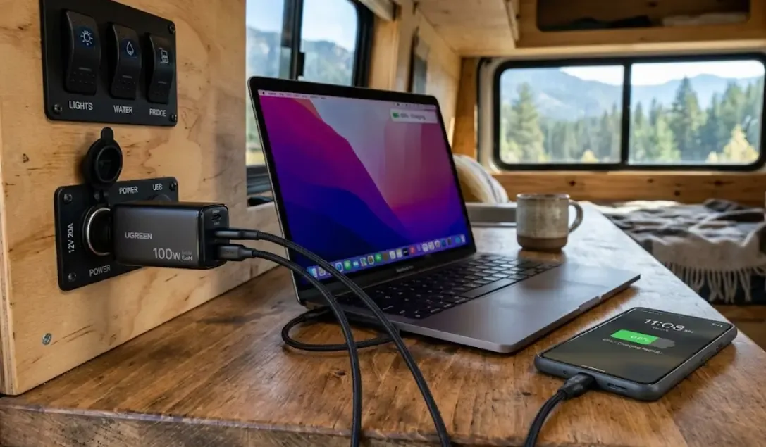 Una toma de 12V en una furgoneta camper con un cargador GaN de mechero de 100W cargando un ordenador portátil y un smartphone a la vez.