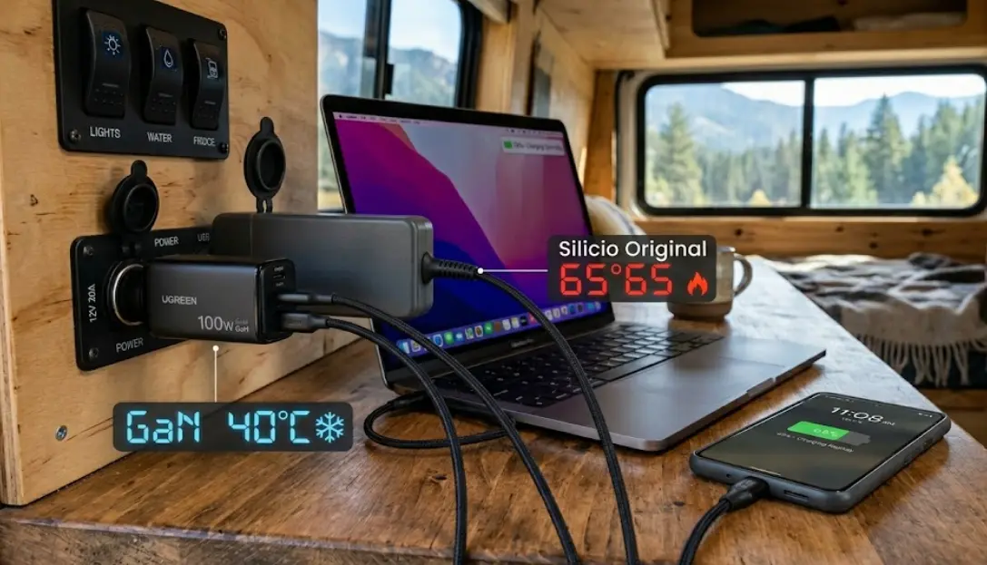 Buscas el cargador más eficiente para tu furgoneta? Comparamos tecnología GaN vs cargadores originales. Ahorra energía, reduce el calor y gana espacio