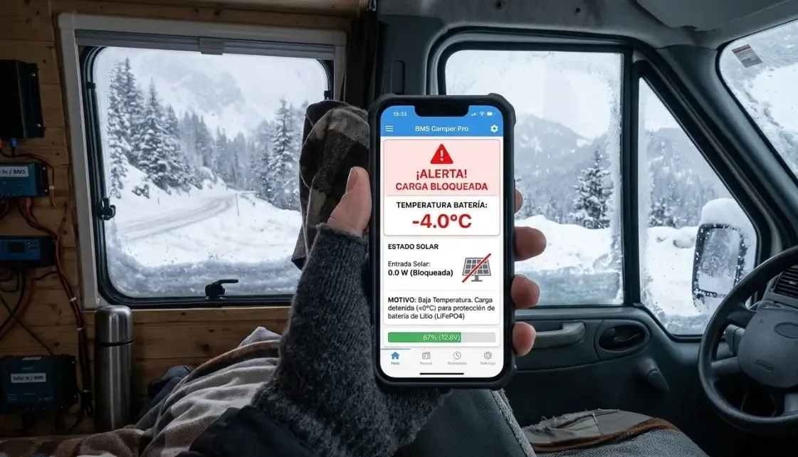 Pantalla de un smartphone mostrando una aplicación de BMS bloqueando la carga solar a -4 grados centígrados dentro de una furgoneta camper nevada