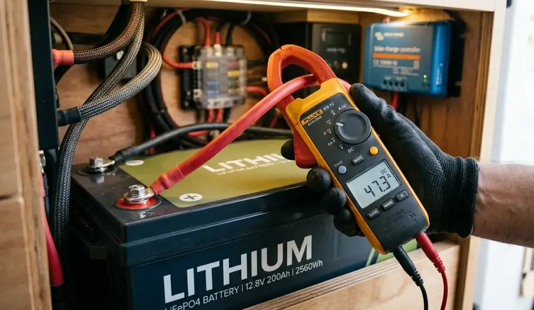 Primer plano de una mano utilizando una pinza amperimétrica digital de corriente continua abrazando el cable rojo de una batería de litio en una furgoneta camper