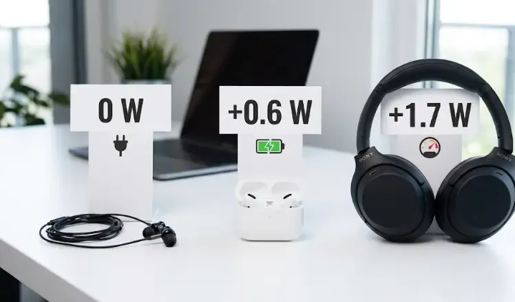 Tabla visual comparativa de auriculares: de izquierda a derecha, unos auriculares de cable, unos AirPods Pro y unos Sony WH‑1000XM6, con etiquetas de consumo (0 W, +0.6 W, +1.7 W respectivamente) sobre cada uno.