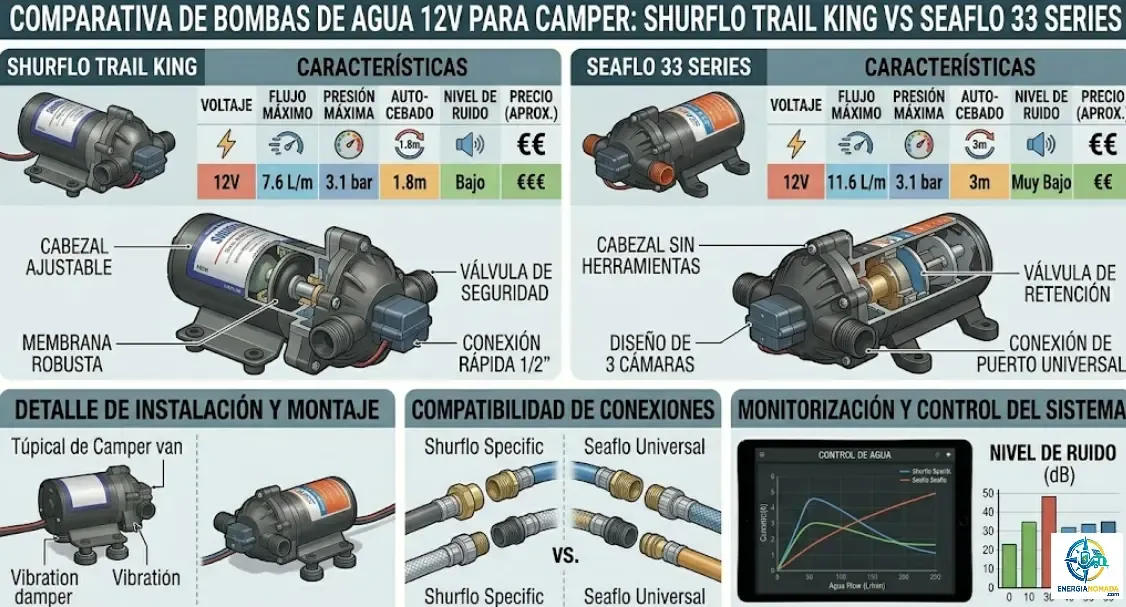 Comparativa de bombas de agua 12V para camper: Shurflo Trail King vs Seaflo 33 Series