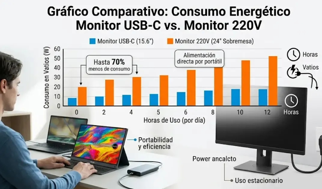 Gráfico comparativo consumo energético monitor USB-C vs monitor 220V en horas