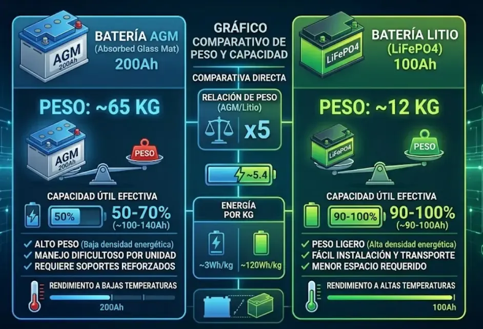 Comparativa de peso entre una batería AGM de 200Ah y una de Litio de 100Ah