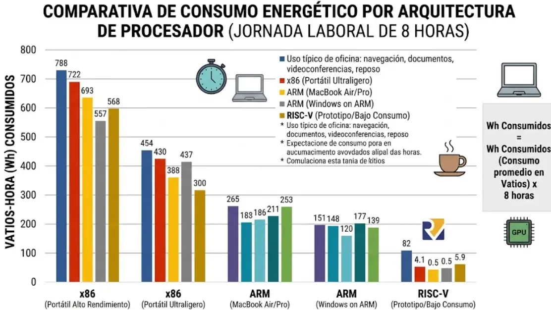 Gráfico de barras detallado comparando los vatios-hora consumidos por diferentes arquitecturas de procesador durante una jornada laboral de 8 horas.