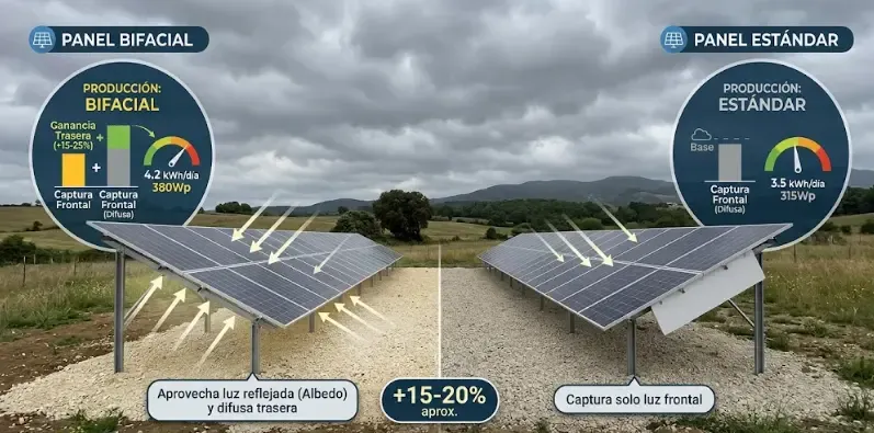 Gráfico comparativo de barras mostrando la producción en vatios del EcoFlow 220W Bifacial frente a un panel monofacial estándar a lo largo de un día parcialmente nublado de invierno