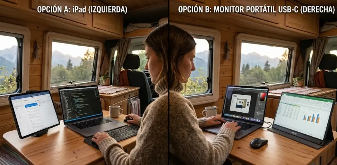 comparativa visual tablet iPad como segunda pantalla portátil izquierda vs monitor portátil USB-C derecha en furgoneta camper