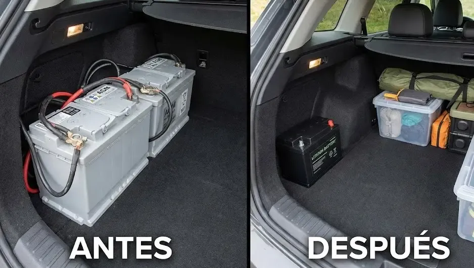Fotografía partida del antes y después en el maletero de una furgoneta. A la izquierda, dos baterías AGM grises enormes ocupando todo el espacio de carga. A la derecha, una única batería de litio (LiFePO4) negra y compacta, dejando gran parte del maletero libre para almacenamiento.