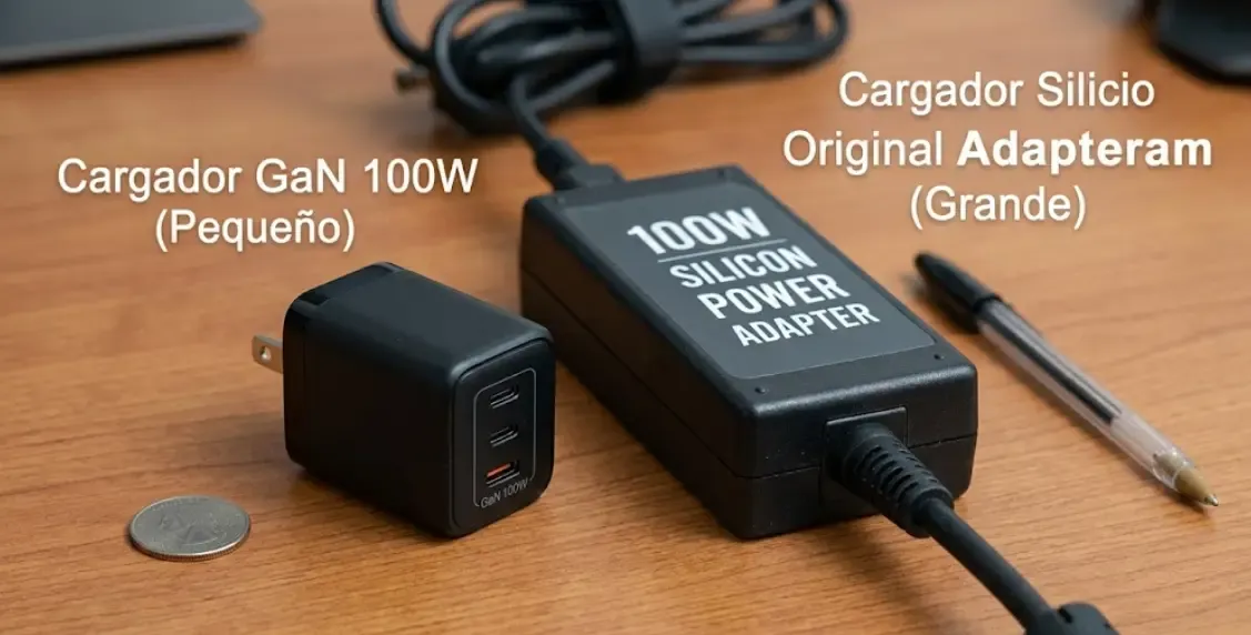 Comparativa visual de tamaño entre un cargador GaN de 100W pequeño frente a un cargador de portátil original de silicio mucho más grande y pesado.
