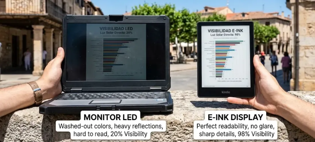 Comparativa de visibilidad entre monitor LED y E-ink bajo luz solar directa