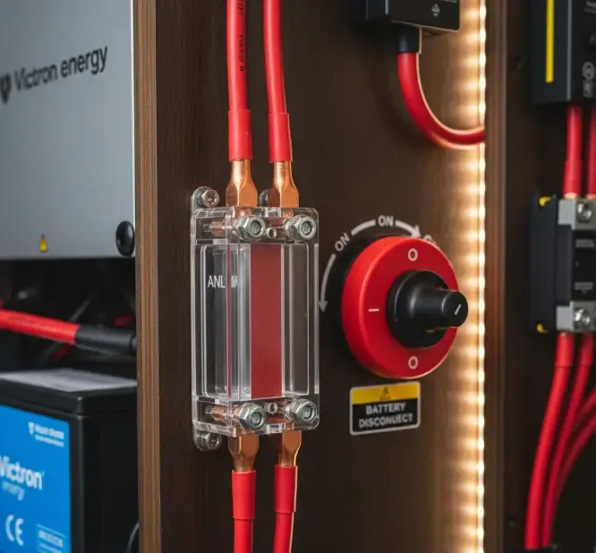 Detalle de un fusible ANL y un desconectador de batería rotativo usados en la instalación segura de un inversor 12V a 220V