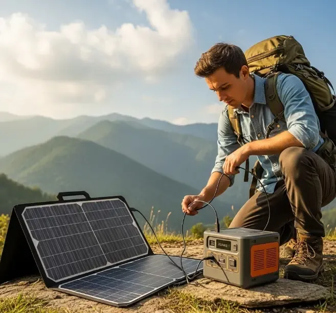 Persona conectando un panel solar portátil a una estación de energía en la naturaleza