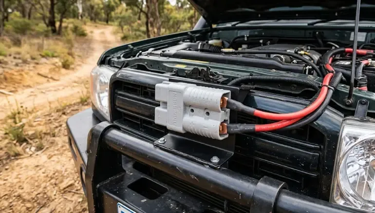 Conector Anderson y cargador DC-DC instalado junto a la batería del coche sin cortar cables
