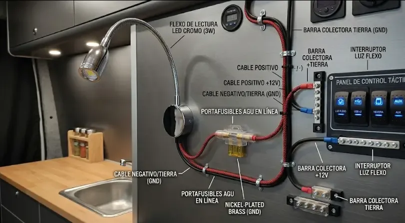 Conexión de un flexo LED 12V a la instalación eléctrica de una furgoneta con fusible de protección y cableado ordenado