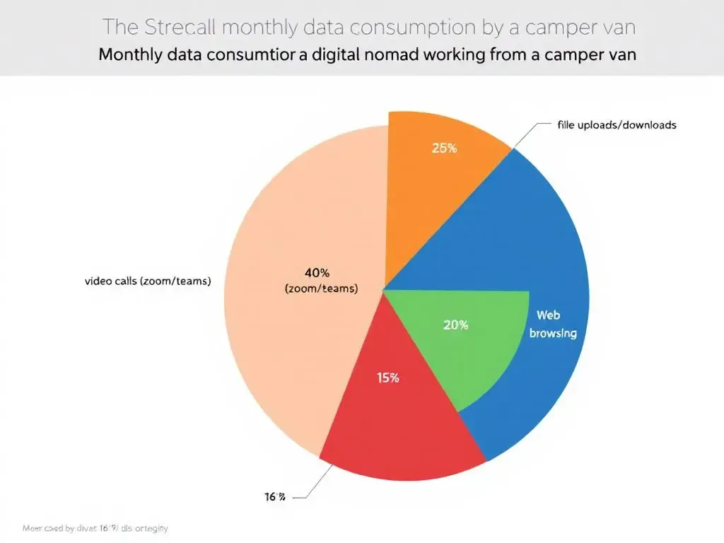 Gráfico circular: distribución del consumo mensual de datos de un nómada tipo. 40% videollamadas, 25% streaming, 20% navegación, 15% subida de archivos. Total: 35 GB/mes.