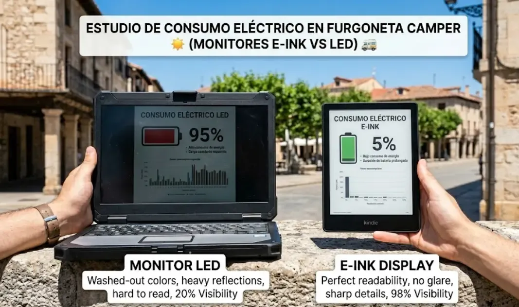 Consumo eléctrico medido en camper comparando monitores E-ink vs LED