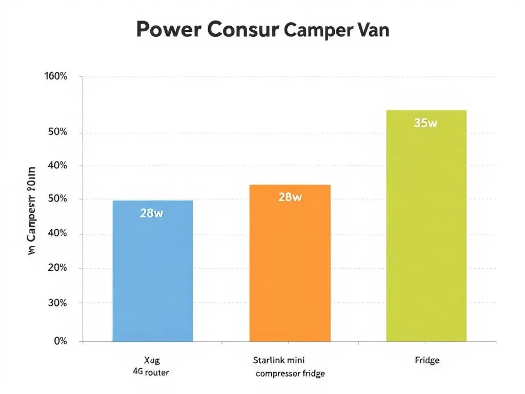 Gráfico comparativo de consumo eléctrico: router 4G (8W) vs Starlink Mini (28W) vs nevera compresor (30W). El satélite consume 3,5 veces más que el router.