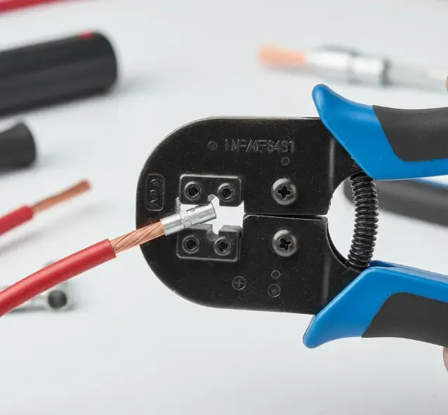 Primer plano de una crimpadora solar prensando profesionalmente el núcleo metálico de un conector MC4 en un cable de sección gruesa