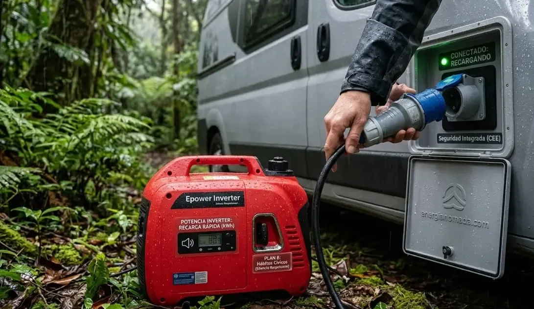 Primer plano de una persona conectando el enchufe de un generador inverter silencioso rojo en un entorno de bosque lluvioso, para recargar las baterías de su furgoneta camper
